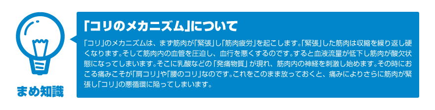 【コリのメカニズムについて】コリのメカニズムは、まず筋肉が緊張し、筋肉疲労を起こします。緊張した筋肉は収縮を繰り返し硬くなります。そして筋肉内の血管を圧迫し、結構を悪くするのです。すると、血液量が低下し、筋肉が酸欠状態になってしまいます。そこに乳酸などの「発痛物質」が現れ、筋肉内の神経を刺激し始めます。その時に起こる痛みこそが肩コリや腰のコリなのです。これをこのまま放っておくと、痛みによりさらに筋肉が緊張し、コリの悪循環に陥ってしまいます。