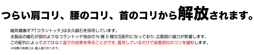 「つらい肩コリ、腰のコリ、首のコリから解放されます。」磁気健康ギア「コラントッテは」永久磁石を採用しています。全製品の磁石が図のようなコラントッテ独自のN極S極交互配列になっており、広範囲に磁力が影響します。この配列によって、点ではなく面での効果をエルことができ、着用しているだけで装着部位のコリを緩和します。※効果の体感には、個人差があります。